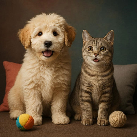 Golden Retriever puppy and tabby cat with ball of yarn