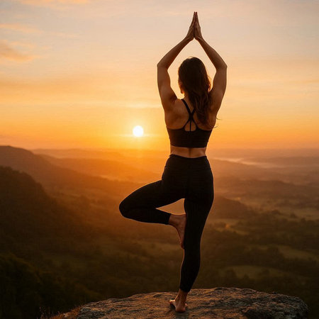 Silhouette of woman practicing yoga on the top of mountain during sunrise