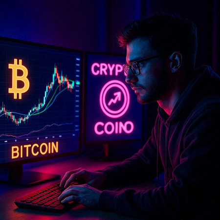 Young man in a dark hoodie sitting at a computer with a glowing bitcoin sign on the screen....