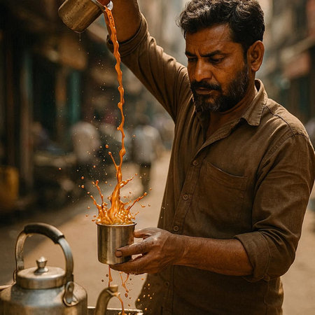 Indian man pouring hot tea from a copper kettle in the street.