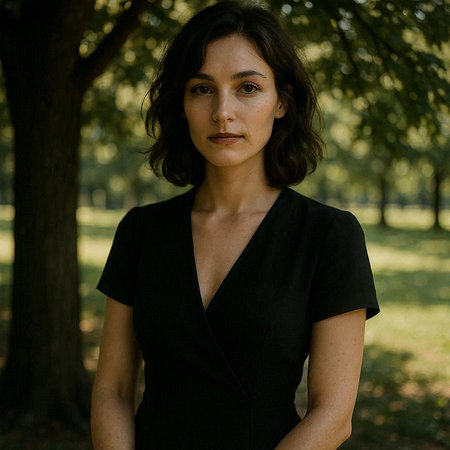 Portrait of a beautiful brunette woman in a black dress in the park