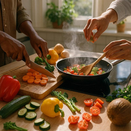 Close-up of mixed race couple cooking vegetable salad in kitchen at home