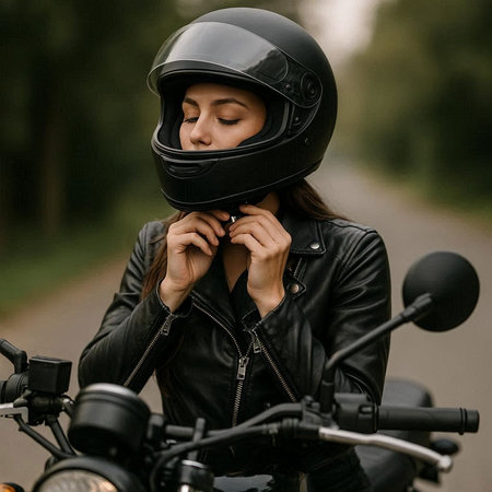 Biker girl in black leather jacket and helmet on a motorcycle.