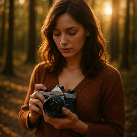 Young woman in brown sweater holding vintage camera in autumn forest at sunset.