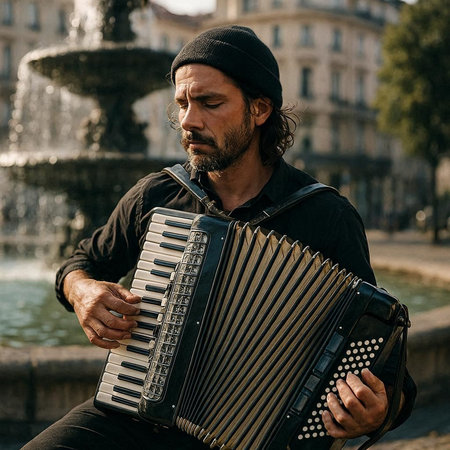 Handsome man playing the accordion in Paris, France.