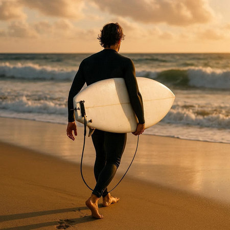 Surfer in wetsuit with surfboard on the beach at sunset