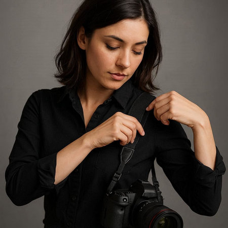Portrait of a beautiful brunette woman holding a camera over gray background