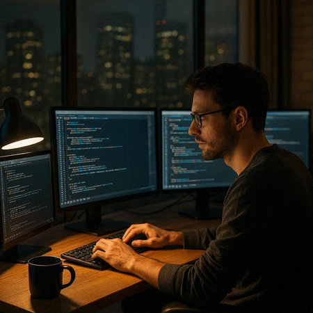 Side view of young man working on computer at night in dark office