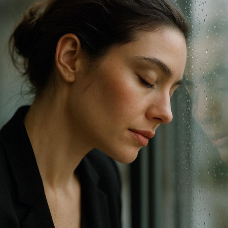 Portrait of beautiful young woman with closed eyes looking at the window