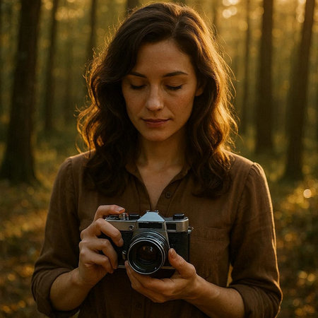 Beautiful young woman with camera in the autumn forest at sunset.