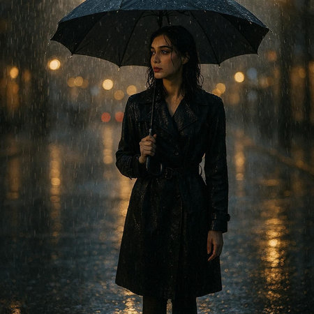 Young woman in raincoat with umbrella at night. Rainy weather.