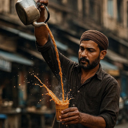 Indian man pouring a hot drink from a kettle into a glass.の写真素材