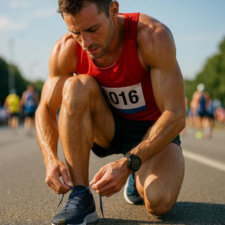 Running athlete tying shoelaces on running race. Close-up of male runner tying shoelaces on running...