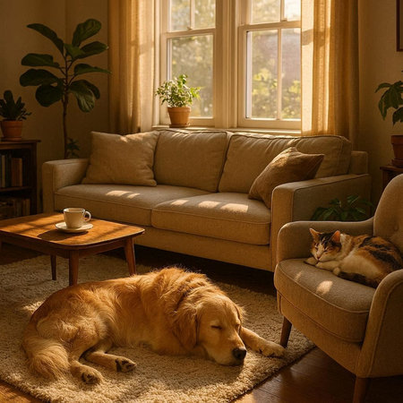Golden Retriever and cat in the living room at home.
