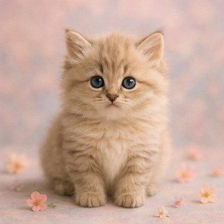 Cute kitten with blue eyes on a pink background with flowers.