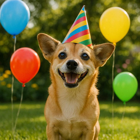 Funny dog in birthday cap with colorful balloons in the park.