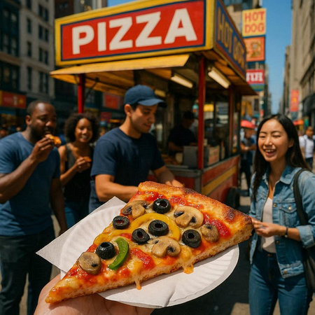 Unrecognizable people eating pizza at Times Square in New York.