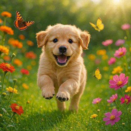 Cute Golden Retriever puppy running in the garden with flowersの写真素材