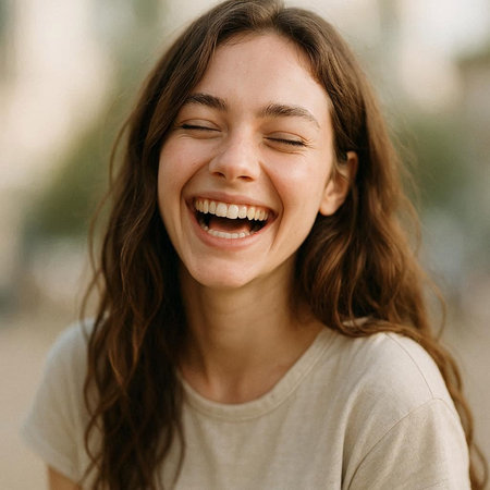 Close up portrait of a beautiful young woman laughing and looking at camera