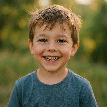 Portrait of a smiling little boy in a blue t-shirt