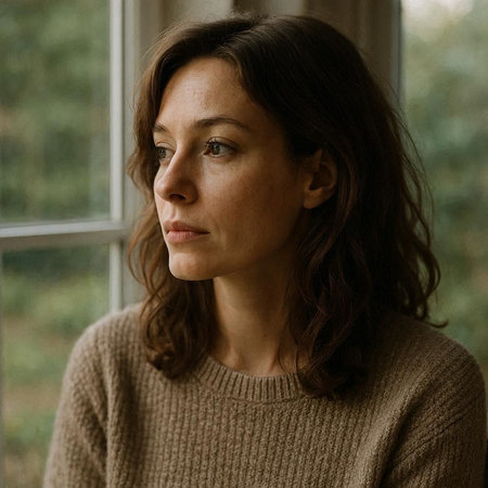 Portrait of a woman in a brown sweater standing near the window