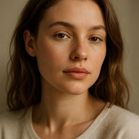 Portrait of a beautiful young woman with brown hair and freckles