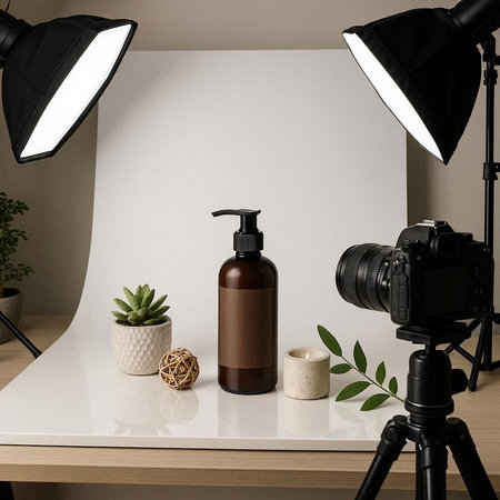 Cosmetic bottle with dispenser on the table in photo studio.