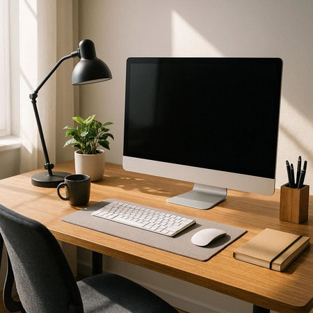 Workplace with computer, supplies and coffee cup on wooden table.