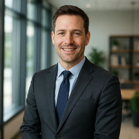 Portrait of a smiling businessman standing in an office with his arms crossed