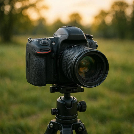 Camera on a tripod on a background of green grass and sunset.