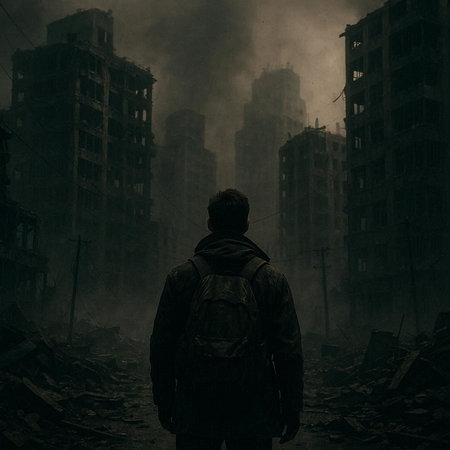 A man in a dark raincoat stands in the middle of a destroyed building