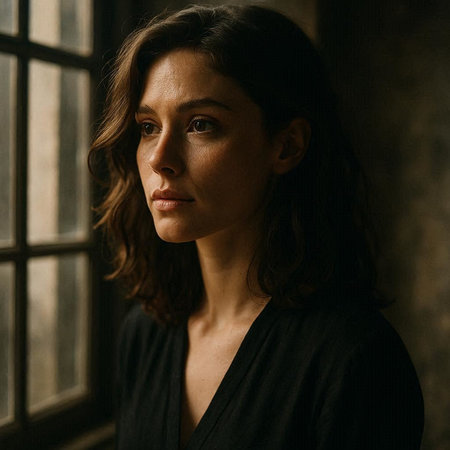 Portrait of a beautiful woman in a black dress in the interior