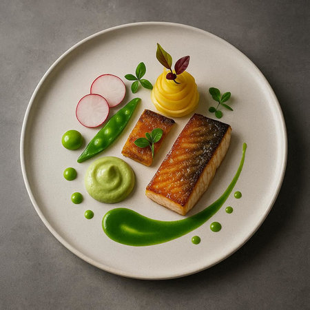 Grilled salmon fillet with sauce and vegetables on white plate.