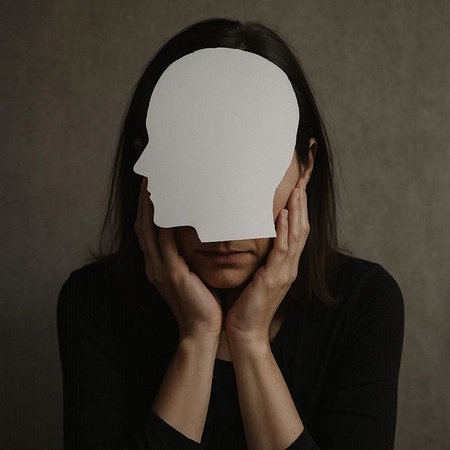 Woman covering her face with a sheet of paper. Emotional portrait