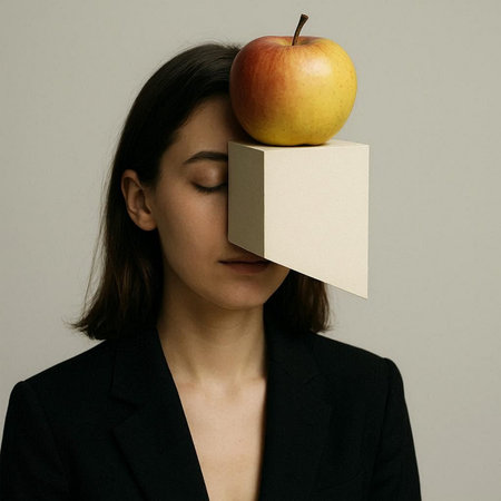Woman holding an apple and a blank card in front of her face
