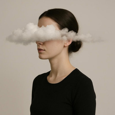 Woman with cloud on her head. Cloud computing and technology concept.