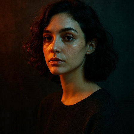 Portrait of a young woman with curly hair on a dark background