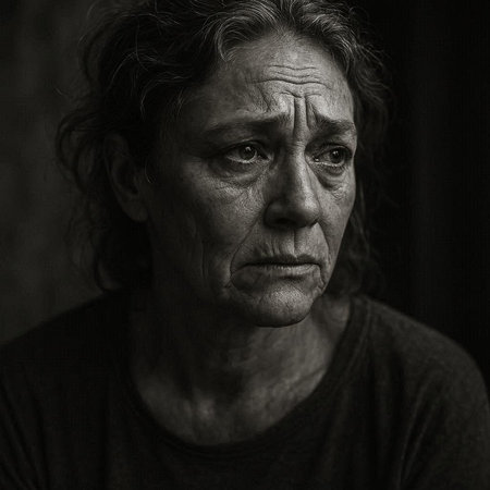 Portrait of an elderly woman in a dark room. Toned.