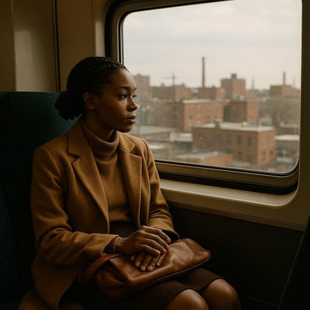 Young african american woman in brown coat sitting in train and looking away