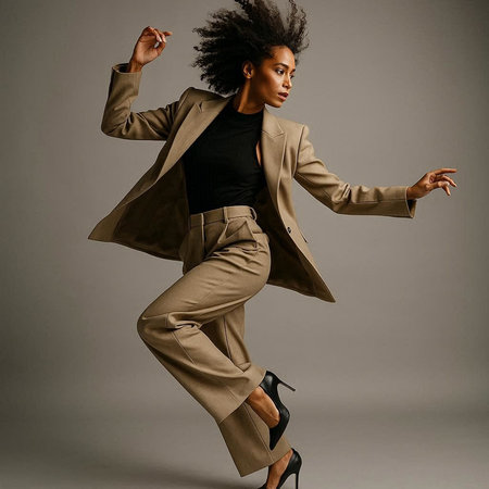 Fashionable african american woman in beige suit and high heels.