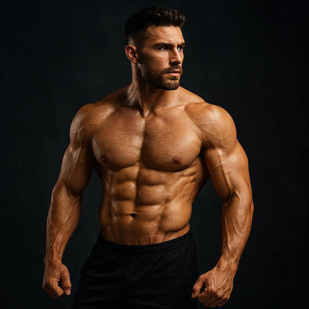Portrait of a handsome muscular bodybuilder posing over dark background.