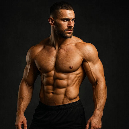 Handsome young man with muscular body posing over dark background.