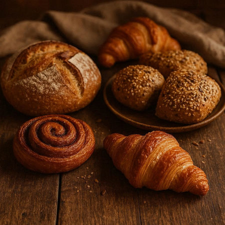 Croissants and buns with sesame seeds on wooden background