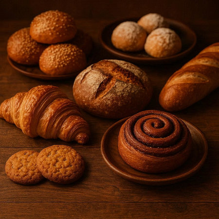 Bread and croissants on wooden background. Toned.