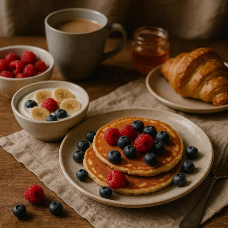 Pancakes with fresh berries, honey and coffee on wooden background