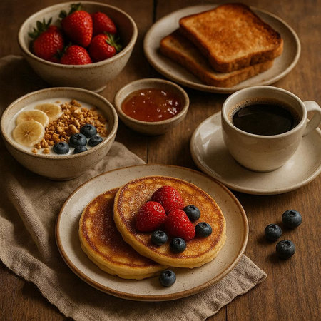 Pancakes with berries, honey and toasts on wooden background