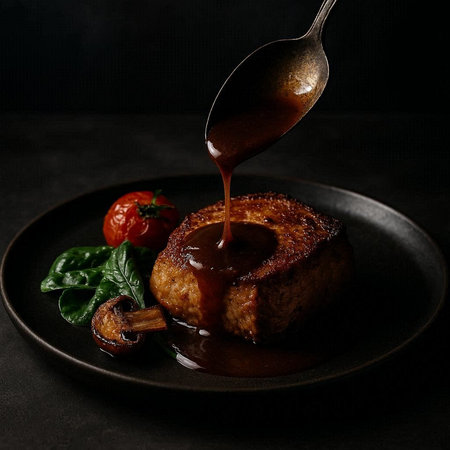 Grilled pork loin fillet with sauce on dark background.