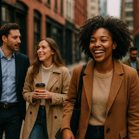 cheerful african american woman with coffee to go walking in city