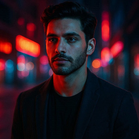 Portrait of a handsome young man in the city at night.