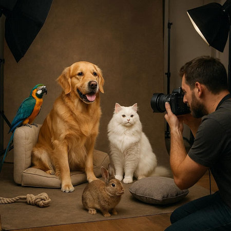 Photographer with camera, cat, dog and parrot in studio